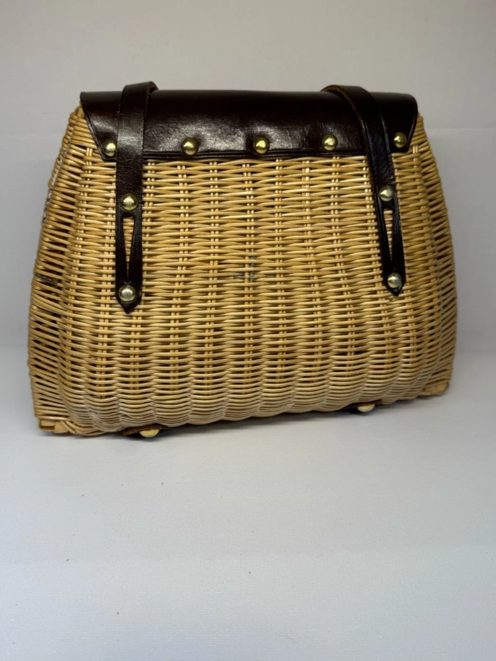 Vintage Mr. Jonas Wicker Basket Handbag Brown Leather Trim Top Handle Purse